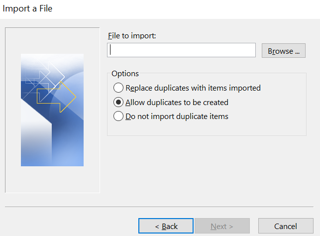 Next, select the PST file (you need to import) by using the Browse option. Then, choose the Replace duplicates with items imported option and click Next.